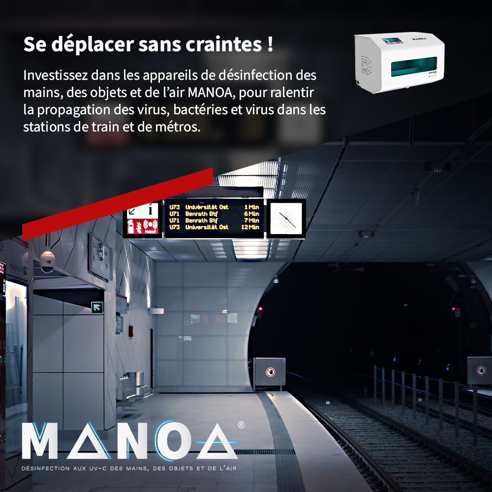 Pour protéger les voyageurs, nous mettons à votre disposition le MANOA, notre système de désinfection des mains et petits objets à rayons UVC pour remplacer le gel hydroalccolique et
faire des économies de temps et d'argent.
 💡En savoir plus ?
 📳Tél. : +33 (0)9 70 07 70 00