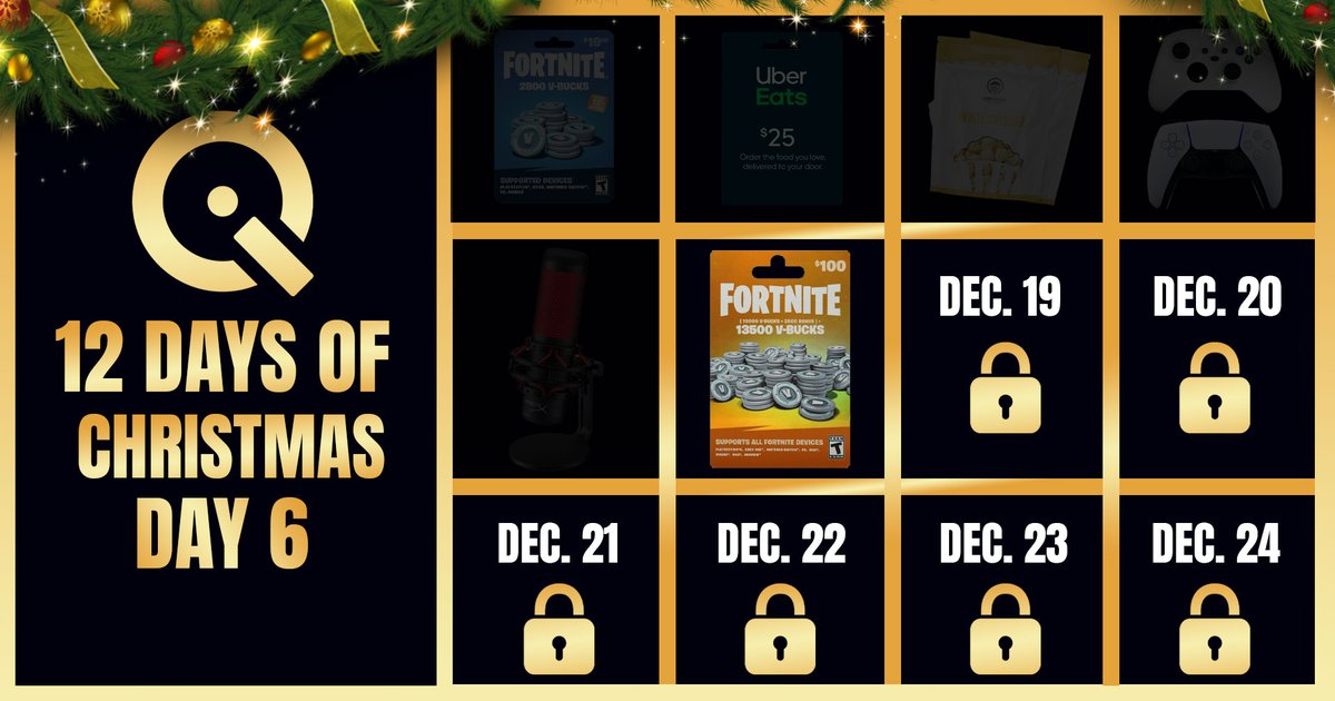RichHomiesQuinn's 12 Days Of Christmas | Each day unlocks a new items to giveaway with prizes increasing 
Day 6 - $100 VBucks Giftcard
To enter:
Follow <a href="/RichHomieQu1nnn/">Xen Quinn</a> <a href="/TheRichHomies/">TheRichHomies</a>
Retweet ♻️
Winner Drawn in 24 Hours GL and Happy Holidays