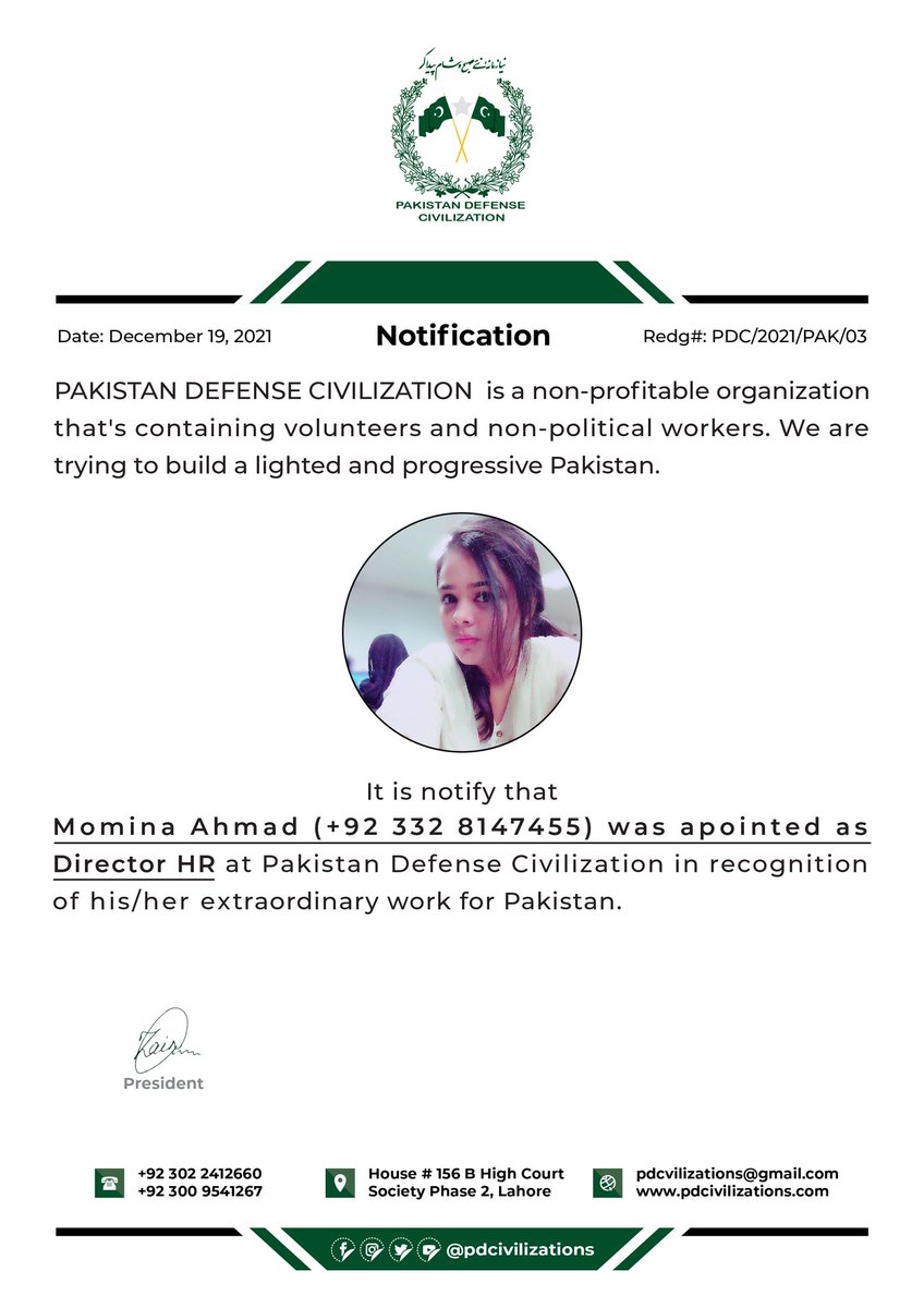 Pdcivilizations's tweet photo. The young talent of Pakistan who is going to serve this nation through this organization “Pakistan Defense Civilization”.
Proudly announcing “Ms. Momina Ahmad”. “Director HR” of Pakistan Defense Civilization.🥰❤️
#pdcivilizations
#PakistanZindabad
#PakArmyZindabad https://t.co/bPqL7fGMH5