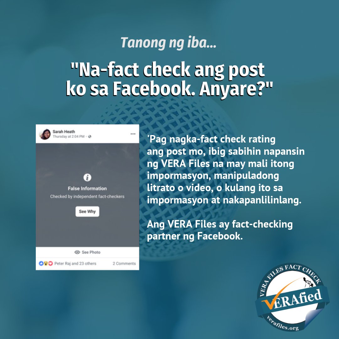 verafiles's tweet photo. May mga katanungan ka ba sa #VERAFiles tungkol sa aming pagpa-fact check?
Basahin ang bawat graphic kung saan sinagot namin ang apat na Frequently Asked Questions! https://t.co/E2zo5JyIxA