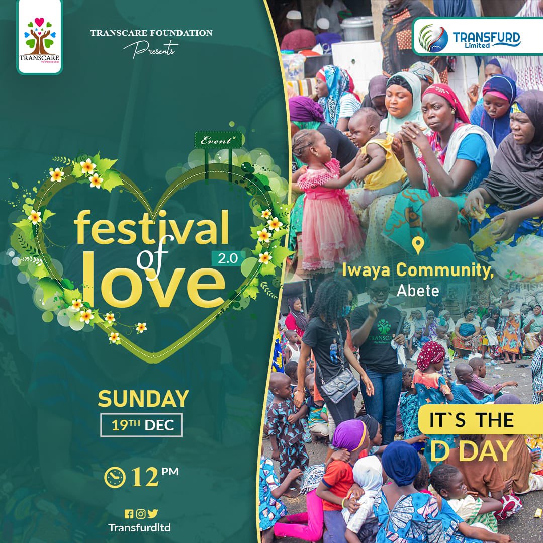 It’s today! Festival of love is happening at Iwaya community, Abete. 

We auttsideee 🤸🏻‍♂️🤸🏻‍♂️🤸🏻‍♂️

We look forward to seeing you there!

Time: 12noon 

Let’s come together to make impact and serve 🥰🥰

#FestivalofLove2.0 
#SlumFest #CharityChristmas #TranscareFoundation #transfurdltd