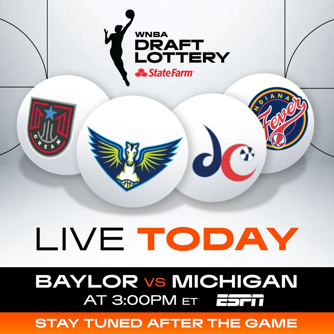 WNBA's tweet image. TODAY'S THE DAY 🚨

Make sure to tune in for the #WNBADraftLottery presented by @StateFarm at 3pm/ET on ESPN to see which team will get the No.1 pick 🔮