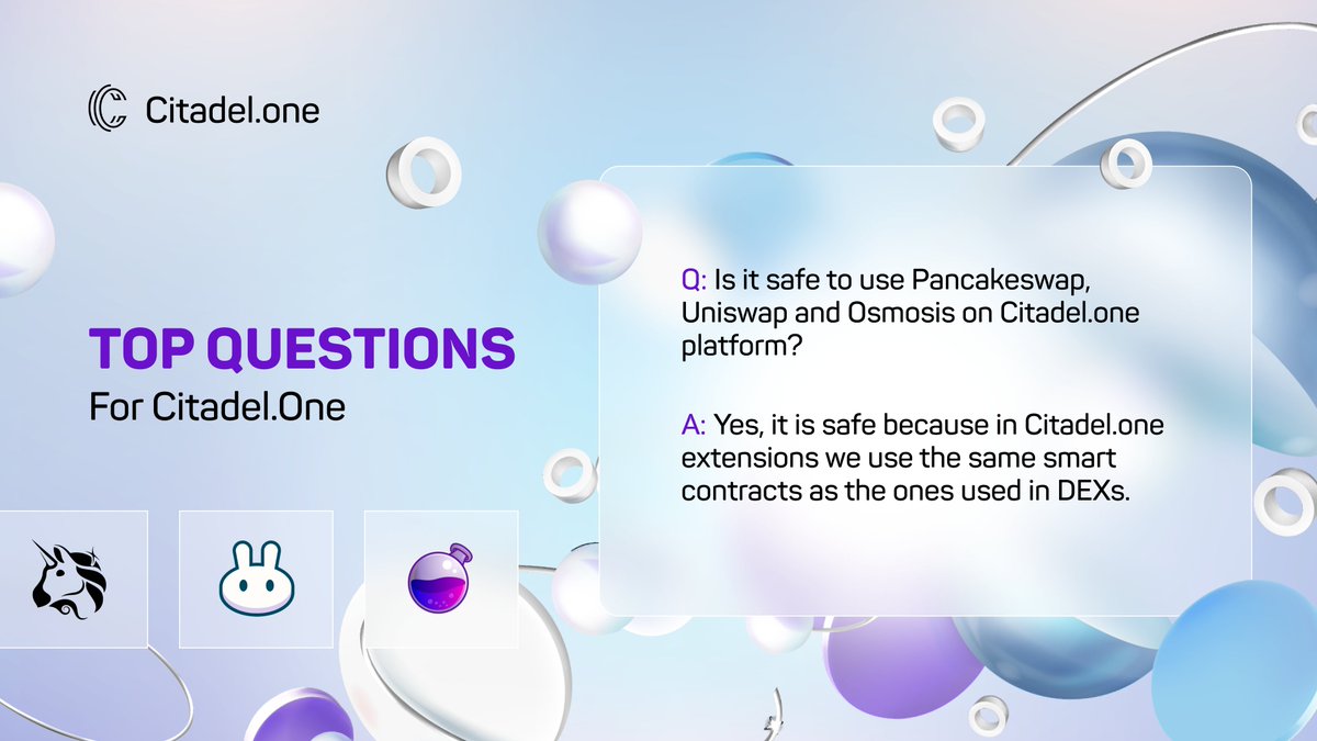 CitadelOne_'s tweet photo. 📌#TopQuestions for https://t.co/ZmYlpu9Nkj!
📢Is it safe to use #Pancakeswap, #Uniswap and #Osmosis extensions on https://t.co/ZmYlpu9Nkj app?
💬 Yes, it is safe. You will use the original exchange site but inside our platform, you'll not be able to get to the phishing site https://t.co/SRNECxcUfb