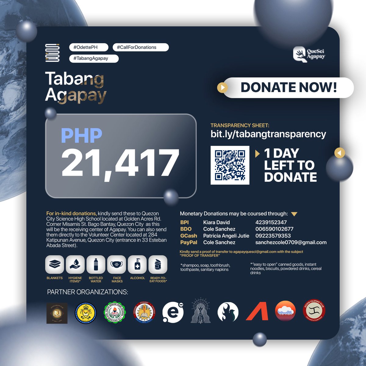 AgapayQueSci's tweet photo. 1 DAY LEFT 

Rally your friends, family, relatives and everyone else to let them know that Tabang Agapay: A three-day donation drive for the victims of Typhoon Odette is still open! 

Share the joy and bliss of receiving blessings especially during these difficult times 

(1/6) https://t.co/Tykzg85aPw