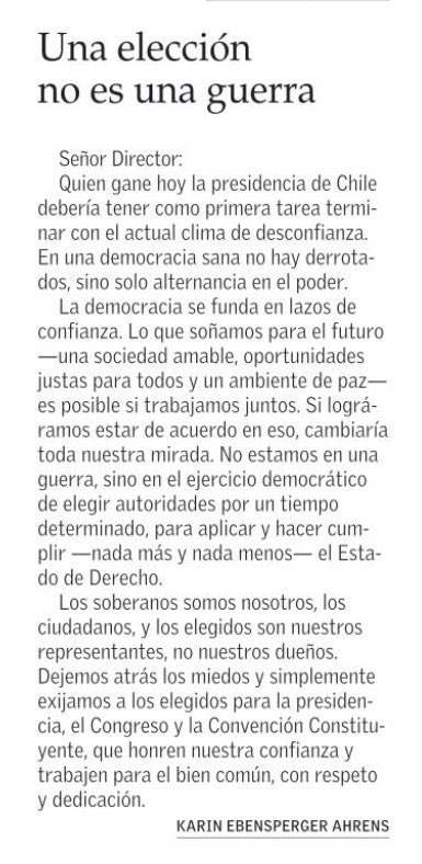 Comparto este pensamiento: no estamos en una guerra, sino en el ejercicio democrático de elegir autoridades, quienes deben honrar nuestra confianza y trabajar para el bien común .
