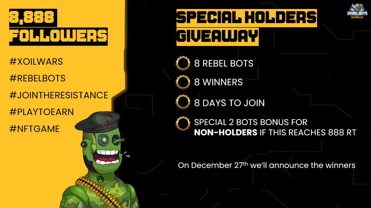 🚨8888 #NFTGiveaway🚨

Couldn't have made it here without our great community and so here is a special giveaway just for @REB3L_B0TS holders!

To join -
1⃣ Like &amp; RT
2⃣ Comment your wallet
3⃣ Tag 3 non #Rebelbot holders

Non holders - Follow, like &amp; RT for a chance to win too