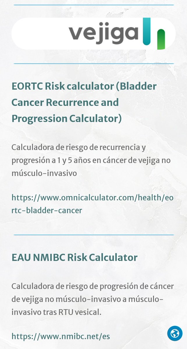 UrologiaBE's tweet photo. Hemos incluido en el listado de calculadoras la nueva calculadora de riesgo de progresion de NMIBC a MIBC a 1, 5 y 10 años de la EAU.

Todas las calculadoras relevantes en Urología en un solo directorio (enlaces externos) 

🔗https://t.co/PzFqNHHkIF https://t.co/cUv8Ab00Z3
