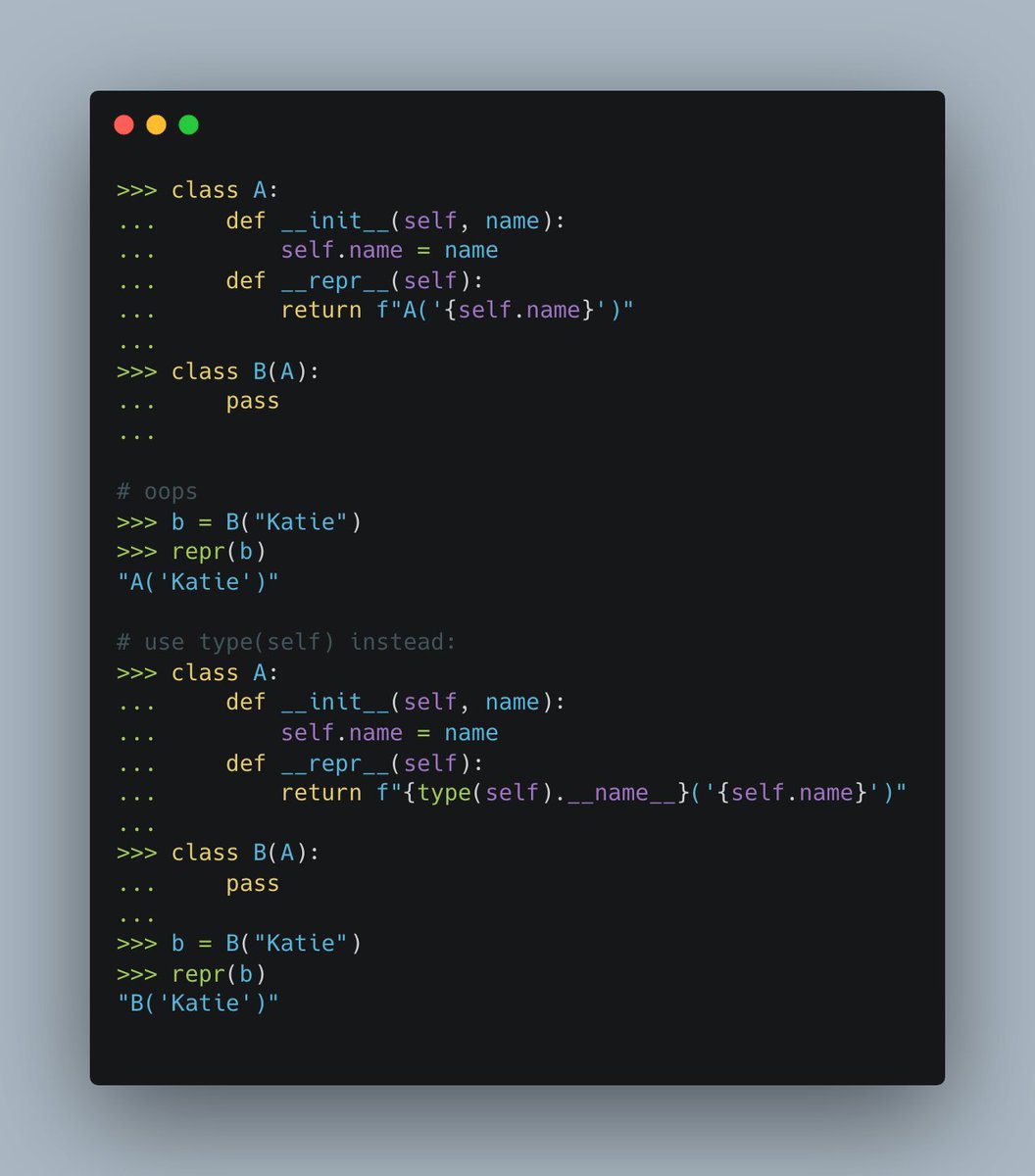 bbelderbos's tweet image. Hardcoding class names in your #Python __repr__ can break in case of inheritance: