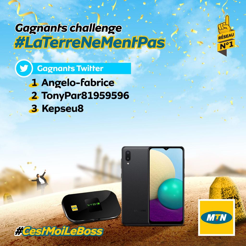 MTNCameroon's tweet photo. Y’ello!
Merci pour votre attente à tous, et nous sommes là avec les résultats du challenge #LaTerreNeMentPas!
Vous avez été nombreux à participer, mais seuls @angelo-fabrice, @TonyPar81959596 et @Kepseu8  ont été les plus forts et sont les vainqueurs de ce challenge. https://t.co/SfgupWxm5b