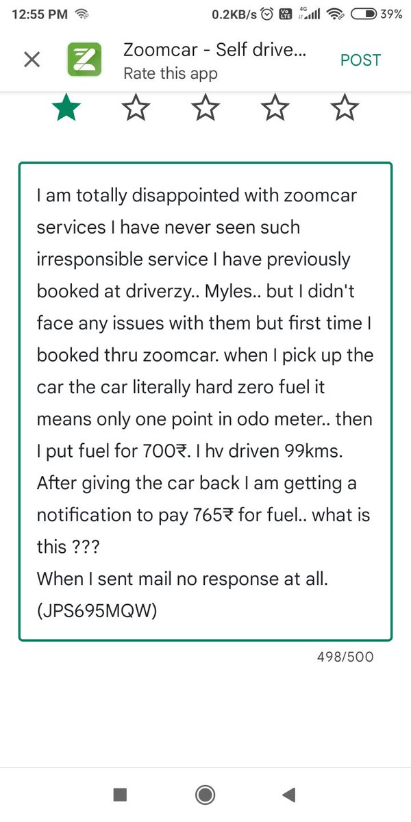 arikaran9092's tweet photo. I hv nvr seen such customer service like @ZoomCarIndia  I have previously booked @ nice services like @DrivezyIN ..@
myles.wen i pick d car it had low fuel. Then I put 700₹ which is 7 litre of fuel and drove 99 kms. app shows that I hv to pay some outstanding amount of 765₹. https://t.co/pXvT3kue45