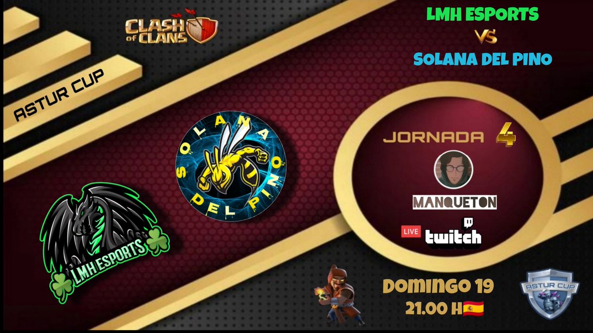 Cerramos la jornada 4, @LMHEsports vs <a href="/SolanaCoC/">Solana Del Pino CoC</a> en busca del triunfo.
En directo en el canal de twitch de <a href="/manqueton/">Manqueton</a>
#ascup