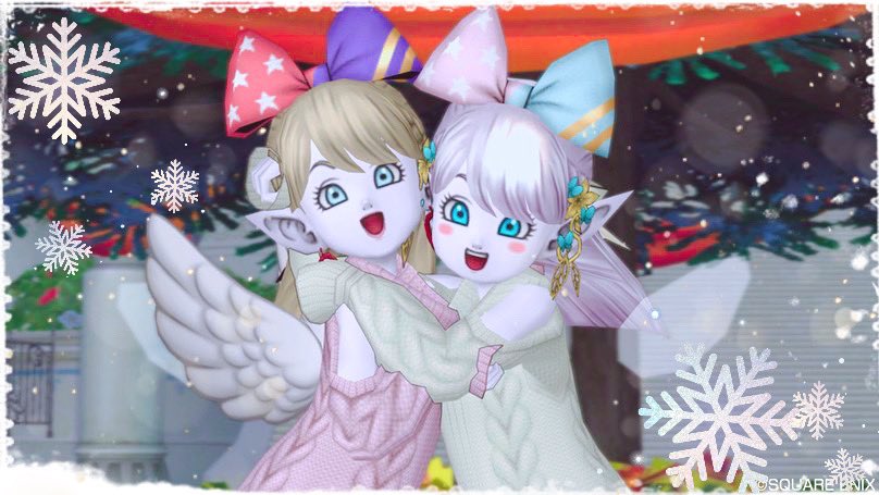 M_46nya's tweet photo. ただいまアストルティア\( *´•ω•`*)/

リンちゃんとこのニット服が欲しくて
クリスマスイベントしてきたよ🎄🎁
2人共久々すぎて操作あたふた🎮w

イカ🦑(Ⅱ)も久々に行ってみたけど、
やっぱたのしー❣️全然避けれんかったけど１回で勝ててしずく💧GET❤️(Ⅲは撃沈)

#マギリン #盛り髪は封印 https://t.co/sZ2m01Ysaw