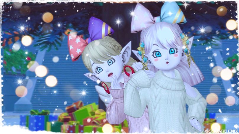 M_46nya's tweet photo. ただいまアストルティア\( *´•ω•`*)/

リンちゃんとこのニット服が欲しくて
クリスマスイベントしてきたよ🎄🎁
2人共久々すぎて操作あたふた🎮w

イカ🦑(Ⅱ)も久々に行ってみたけど、
やっぱたのしー❣️全然避けれんかったけど１回で勝ててしずく💧GET❤️(Ⅲは撃沈)

#マギリン #盛り髪は封印 https://t.co/sZ2m01Ysaw