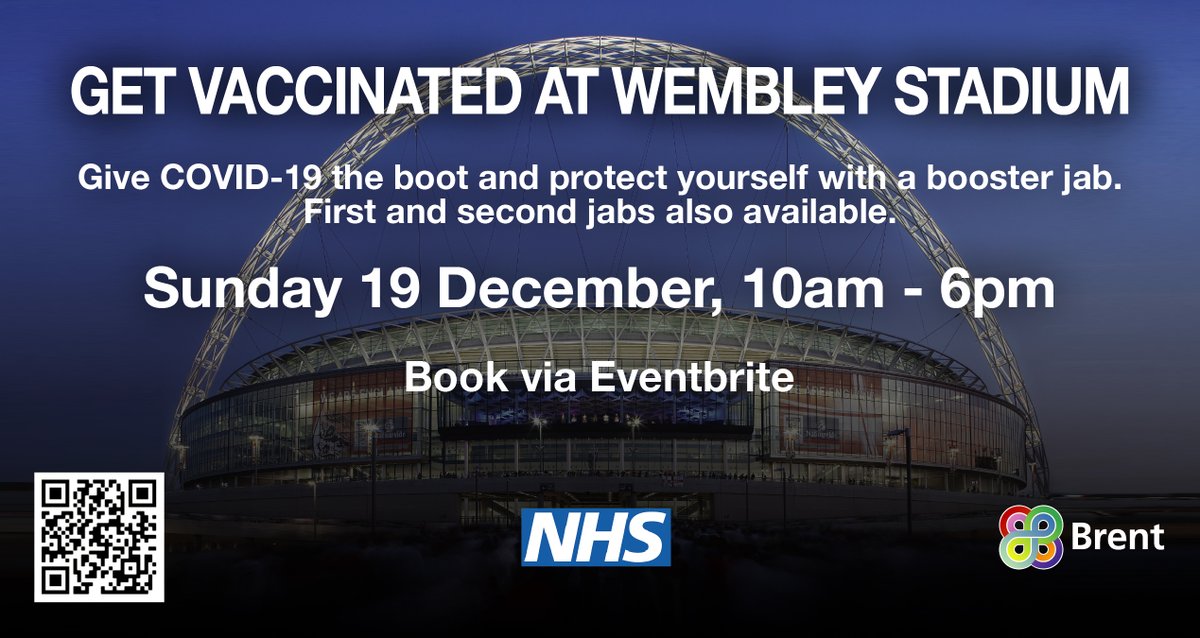 Get your booster dose and make it a vaccine hat-trick at the iconic <a href="/wembleystadium/">Wembley Stadium</a> this weekend!

➡️Sunday 19 December, 10am-6pm
➡️Walk in 
➡️Or book now: eventbrite.co.uk/e/vaccination-…