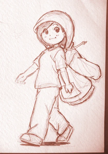 上着のフードを頭に引っ掛けてぶら下げたまま移動する加賀楓さん描いてみました。 