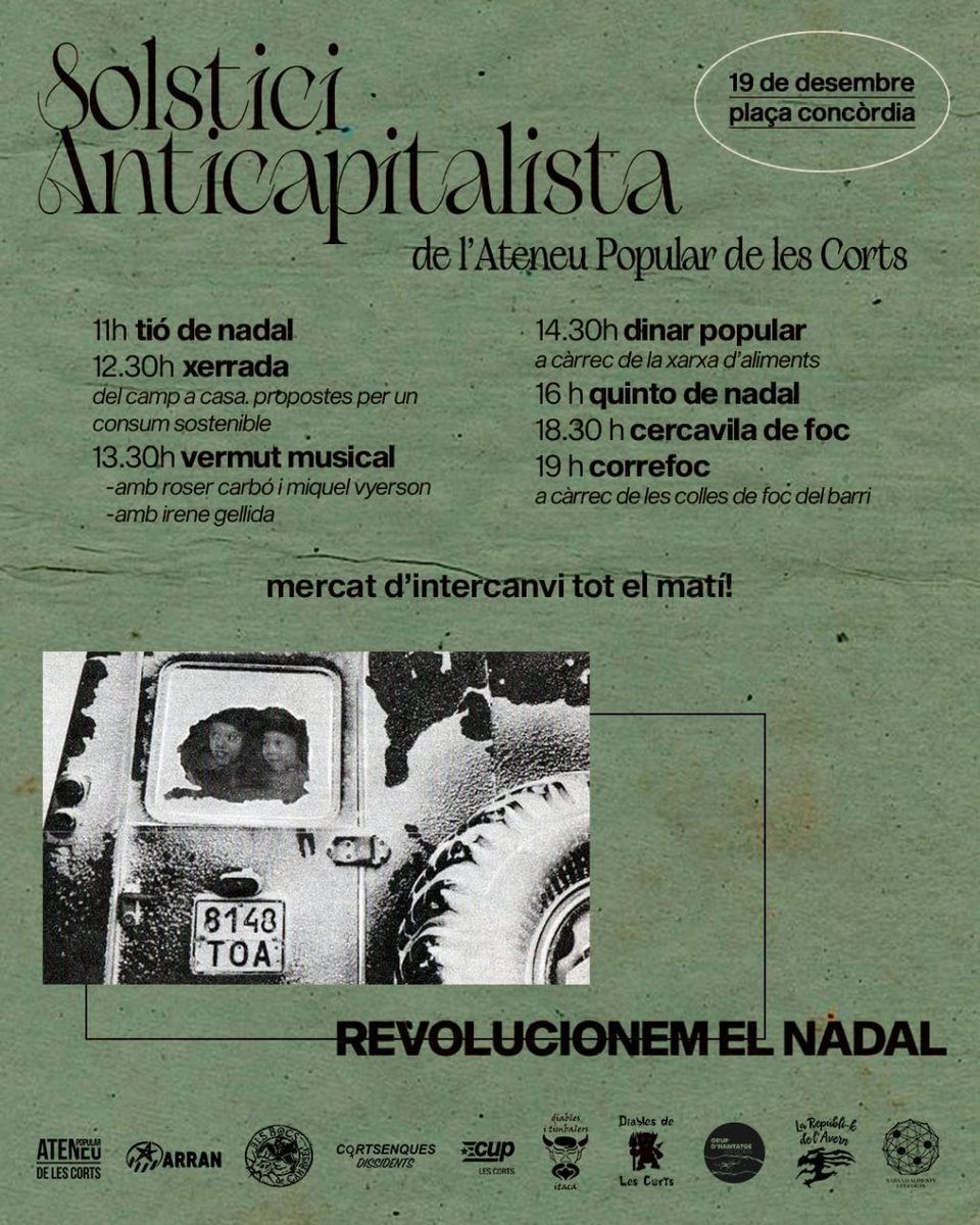 xarxa_d's tweet photo. Avui, des de les 11:00 h, a les Corts celebrem el Solstici anticapitalista de l'@ateneulescorts. Nosaltres tindrem el dinar a punt a les 14:30 h per agafar forces i continuar revolucionat el barri i el Nadal #RevolucionemElNadal https://t.co/MW4nzKH7ol