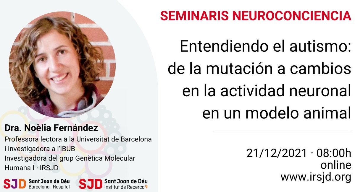 AGarciaCazorla's tweet photo. El próximo martes 21-Dic, la Dra. Noelia Fernández, investigadora en la @UniBarcelona nos hablará de #autismo bases genéticas y mecanismos biológicos en modelos animales. Promete ser muy interesante! Seminarios #NeuroConCiencia #BrainProject https://t.co/iyvh2UmBaJ