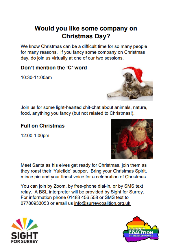 If you fancy some virtual company on Christmas Day, <a href="/SurreyCoalition/">Surrey Coalition of Disabled People</a> are hosting 2 free virtual events, one for the lovers, the other for the haters of Christmas Day.

You can download joining details of Virtual Christmas below. 

Merry Christmas! 🎄