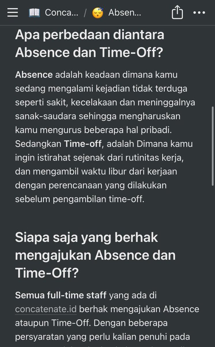 concatenateid's tweet image. Ga terlalu banyak, yang kami beri untuk setiap member sementara Time-off alias Izin tidak kerja (fully paid) dengan alasan apapun termasuk “Tidak Mood” dan “Self-healing”. @hrdbacot 

Semoga kedepan bisa makin komprehensif 🚀