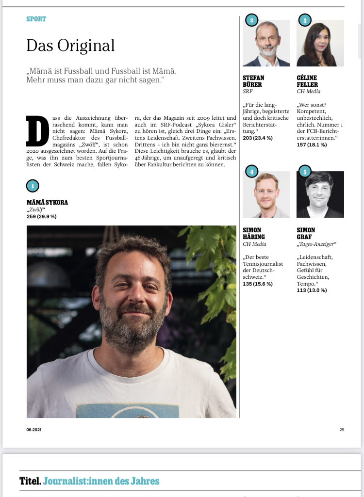 Dieser Sykora: Nölt bei jeder Gelegenheit rum, dass im Fussball immer die Gleichen gewinnen – und dann das! Danke für die Wahl, liebe Kolleg*innen! Ich fühle mich sehr geehrt.