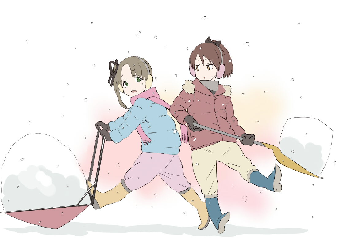 ayanami (kancolle) ,shikinami (kancolle) multiple girls 2girls brown hair scarf snow ponytail gloves  illustration images