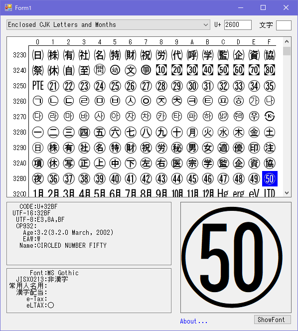 MB68B09's tweet photo. 文字の情報を探すことがあるのでUNICODEコンソーシアムのサイトから引っ張ってきたUNICODE14.0データ＋自前文字情報を表示するツールをコツコツと作ってきた。
さしあたり必要な情報が得られるようになったので飽きたｗ
C#/.net framework4.5/SharpFontの組み合わせ。 https://t.co/Sw0A0PCGLC
