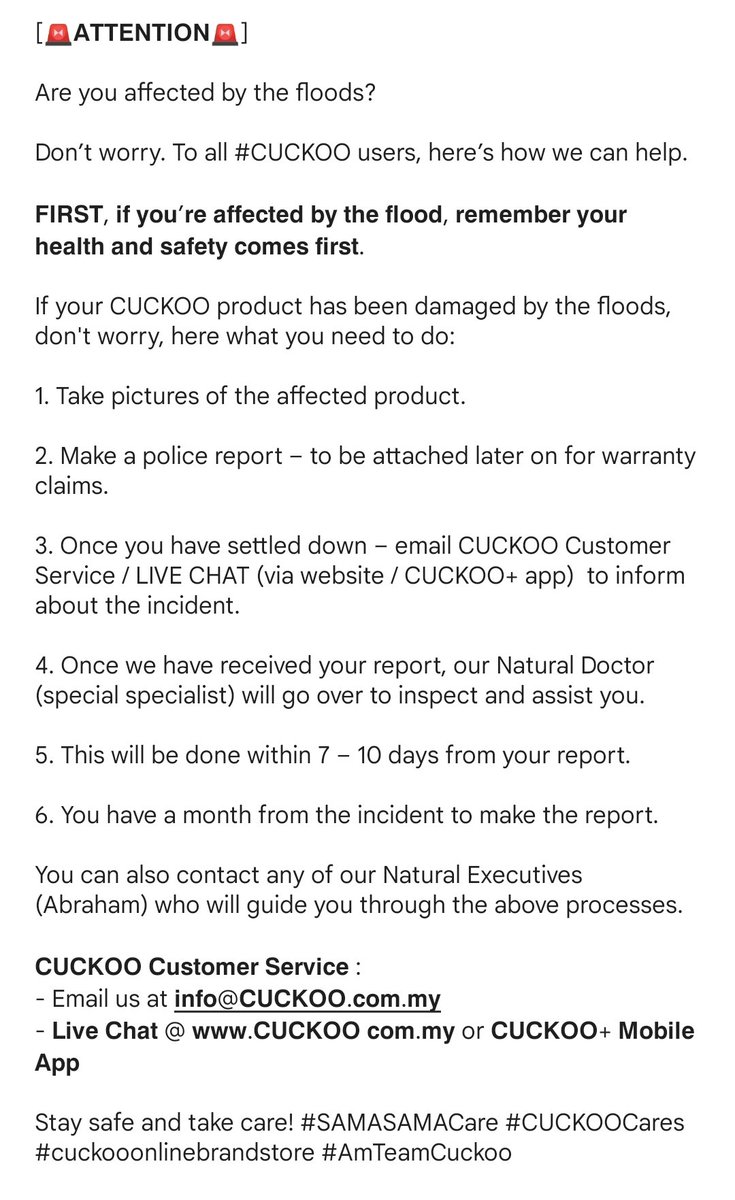 abrahamwang92's tweet photo. Call &amp; WhatsApp : 012 885 9880 (Abraham) Boleh Screenshot Untuk Rujukan Kawan2 Yang Terjejas Produk2 #Cuckoo terkena Banjir. Harap Membantu Anda Semua. Stay Safe.

#cuckoomalaysia #banjir #produkcuckoo #claimwarranty #cuckoosarawak #penapisaircuckoo https://t.co/UJOTD9WWnf
