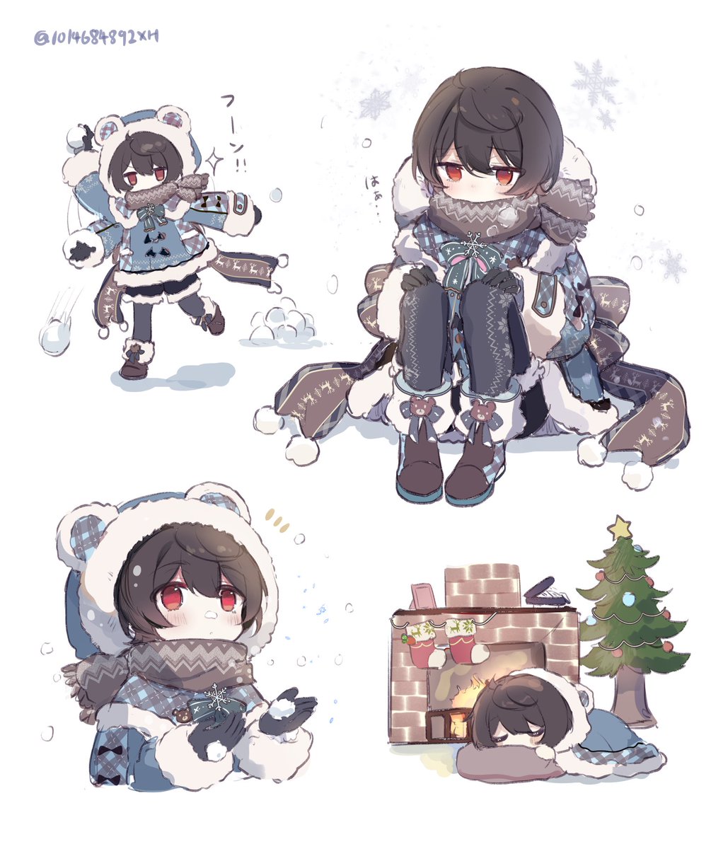 red eyes christmas tree scarf gloves sleeping winter clothes multiple views  illustration images