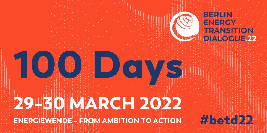 The #countdown is on: 100 days until the Berlin Energy Transition Dialogue 2022! Stay tuned, get excited and share!

#betd22 #Energiewende #energytransition #renewableenergy #JointheDialogue

@BMWi_Bund <a href="/GermanyDiplo/">GermanForeignOffice</a> <a href="/bEEmerkenswert/">Bundesverband Erneuerbare Energie e.V. (BEE)</a> <a href="/BSWSolareV/">Bundesverband Solarwirtschaft</a> <a href="/dena_news/">dena</a> <a href="/eclareon_Berlin/">eclareon GmbH</a>