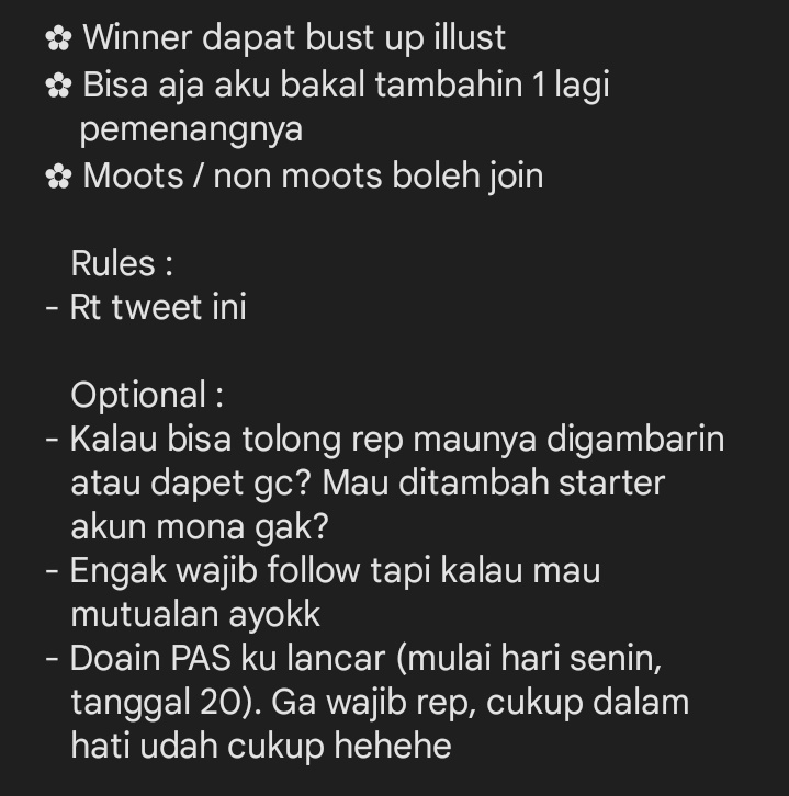 kasugasen's tweet photo. Art Raffle 🍀
Sesuai janjiku kalau aku dapat Eula, aku bakal adain raffle+60gc! (Maaf hadiahnya kecil 😔💔)
✿ 1 pemenang artku dan 1 pemenang gc + kalau mau ditambah sm starter acc mona
✿ Rules ada foto !
✿ Sample artstyle ku ada di bawah

End : TBA (Kemungkinan awal januari) https://t.co/KDBjHQAkID