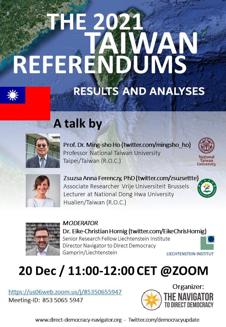 kaufmannbruno's tweet photo. Taiwans second mayor referendum weekend offer fascinating insights into Asia's most developed democracy: most importantly, the four citizens' initiatives lost on NO-VOTES and NOT on NON-VOTES. Join the @democracyupdate live assessment on Monday, December 20, 11-12 CET #Taiwan https://t.co/NXtAwGVDGv