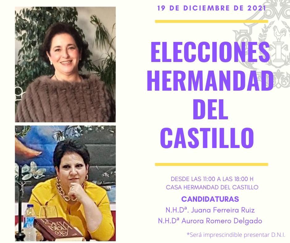 La Hermandad del <a href="/castillolebrija/">HERMANDAD DEL CASTILLO</a> celebra hoy Cabildo General de Elecciones con dos candidatas a Hermana Mayor.

Los hermanos podrán votar entre las 11:00h y las 18:00h en la Casa Hdad. del Castillo.