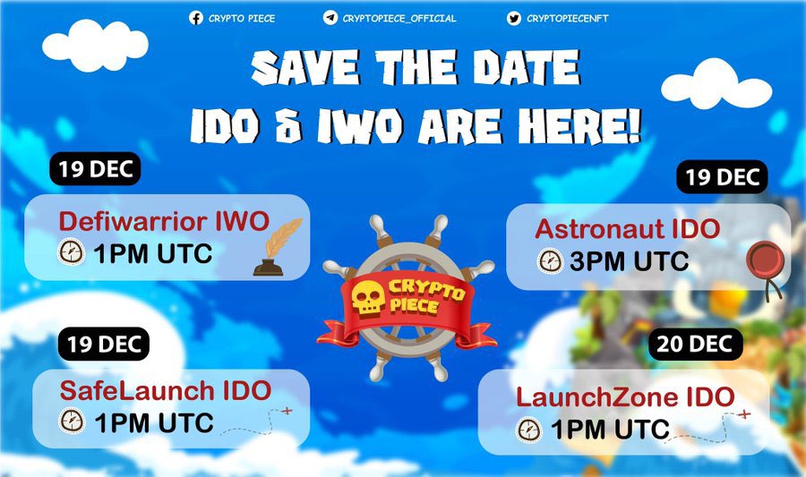 🌟💎join #CRYPTOPIECE IDO🔥🔥🔥

IDO timeline ✅

 🚀 #SafeLaunch December 19 1:00 UTC

 🚀 #Defiwarrior December 19 1:00 UTC

 🚀 #Astronaut December 19th 3: 00 UTC

 🚀 #LaunchZone December 20 1:00 UTC

🌟💎✅SafeLaunch, Defiwarrior, Astronaut, LaunchZone  

Do not miss it!