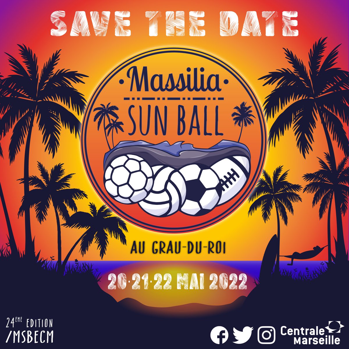 [Save the date!]🌞

L'événement le plus attendu de l'année est de retour du 20 au 22 mai, toujours au camping de l'Espiguette au Grau-du-Roi ! Réserve ton week-end parce que ça va être chaud🔥: entre les tournois et les soirées,  pas le temps de s'ennuyer ! ⚽️💃🏼

La MSBise🌞