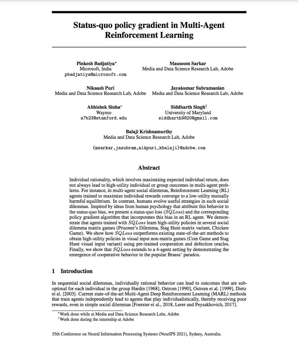 KbalajiTweets's tweet photo. 3. Status-quo policy gradient in Multi-Agent Reinforcement Learning (Deep RL Workshop)
4/ https://t.co/AQssEwC8OG