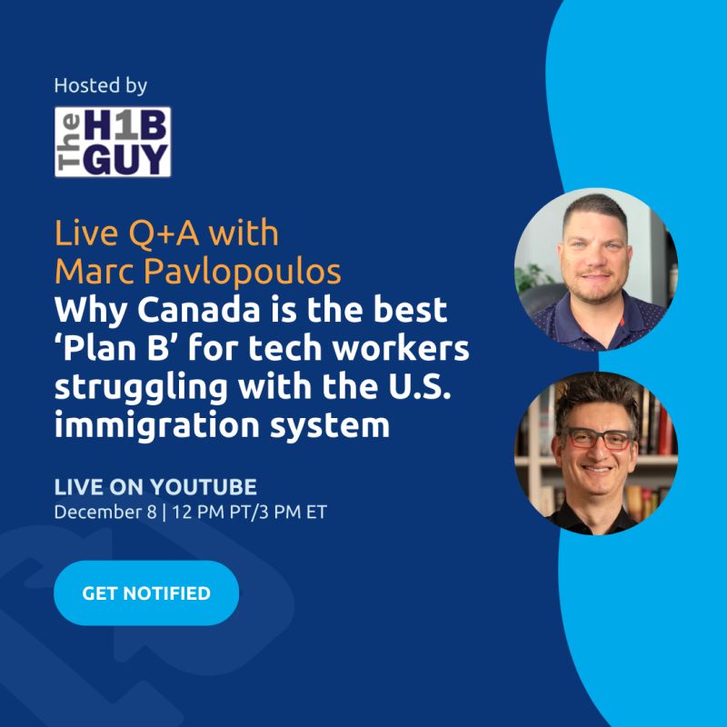 TheH1BGuy's tweet photo. Tomorrow at 3:00 pm EST I'll be joined by @SyndesusCo and Path To Canada CEO @PavlopoulosMarc.
If your status in the US is uncertain we'll cover the ideal Plan B for you and your employer.
Get notified: https://t.co/pA6RSNKMoP
#H1B #GTS #GlobalTalentStream #TalentAcquisition https://t.co/Znue8p4GDA