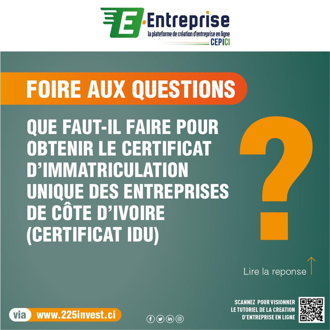 OFaleroun's tweet photo. @Cepici_RCI @Gouvci
L'IDU s’obtient au terme de la procédure de création d’entreprise en ligne via la plateforme e-Entreprise. Les entreprises créées avan 5 octobre 2018, peuvent obtenir leur certificat IDU en régularisation via la plateforme https://t.co/mhvaNSFmEt
#225investci https://t.co/eAIQZsM0M5