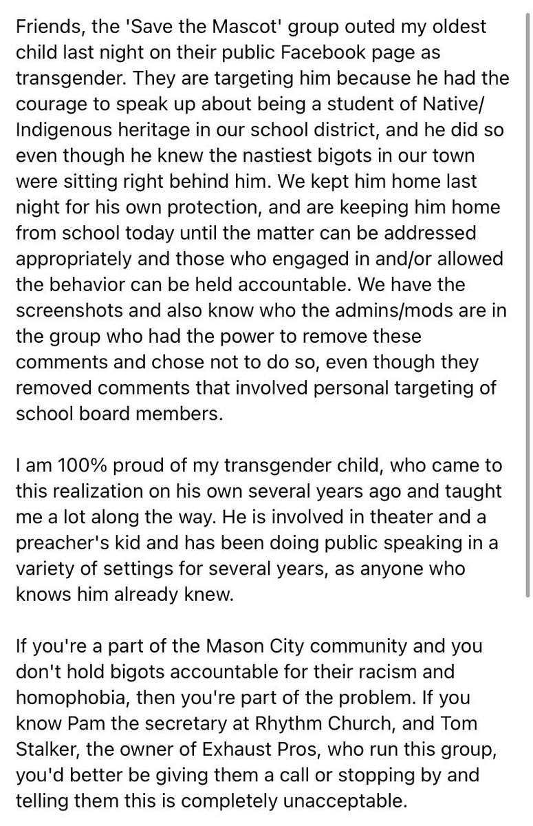 its_k_mason's tweet photo. When someone asks why I hate my hometown, I’m just going to show them this screenshot. 

*context: a fb group was created to protest the removal of “Mohawk” as the public school mascot after requests from tribal leaders* https://t.co/Jr8jMpi1Rk