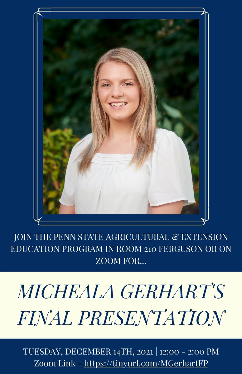 TeachAgPSU (@teachagpsu) on Twitter photo Ms. Michaela Gerhart will begin the Final Presentations on Tuesday, December 14th. Listen in at 12:00 PM to her journey through Agricultural Education. <a href="/michaela_245/">Michaela Gerhart</a> Ms. Michaela Gerhart will begin the Final Presentations on Tuesday, December 14th. Listen in at 12:00 PM to her journey through Agricultural Education. <a href="/michaela_245/">Michaela Gerhart</a>