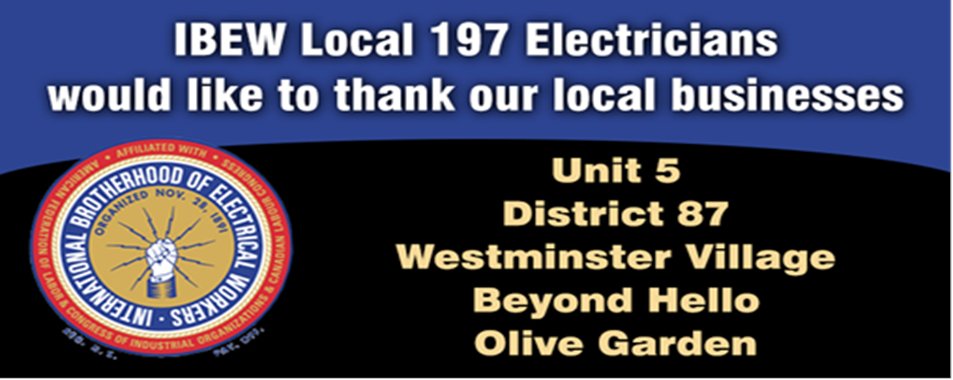 ibew197's tweet photo. We would like to thank the local businesses who hire our skilled electricians and contractors. @McLeanCountyU5 @District_87 @WestminsterVlg #beyondhello @olivegarden https://t.co/7R4HO40VNU