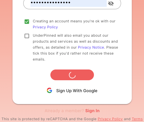 Robertmgreen's tweet photo. @underpinnedapp hello 👋 I think you might have a bug as i've got the spinning wheel of death for about 20 mins when trying to sign up, thought your devs might like to know (i've tried a few times and I have fast internet connection. It's on chrome and i'm on a mac) https://t.co/FdArYb5N0G