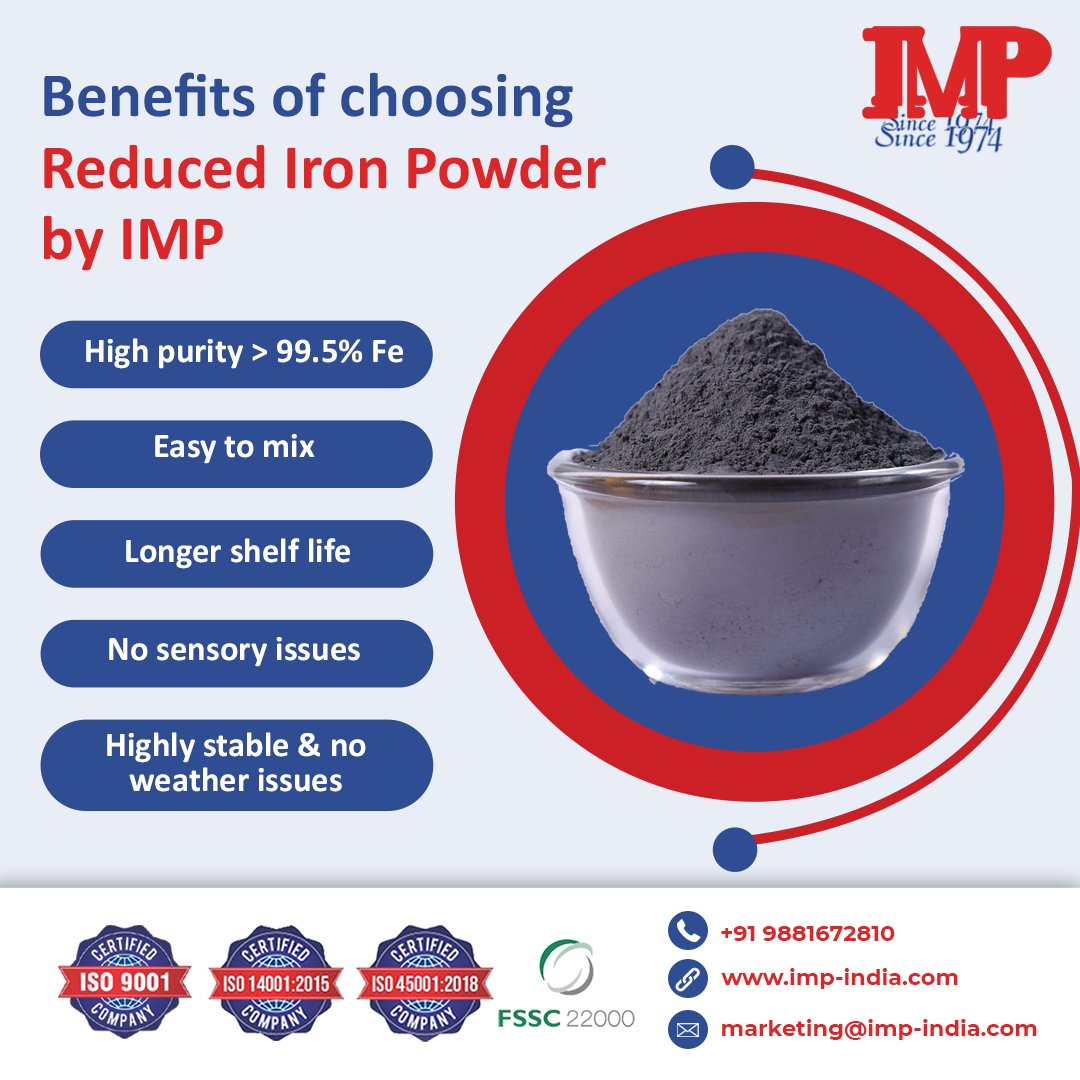PowdersMetal's tweet image. Benefits of choosing Reduced Iron Powder by IMP
-High purity &amp;gt;99.5% Fe
-Easy to mix
-Longer shelf life
-No sensory Issues
-Highly stable and no weather issues

For more details call: +91 9881672810
imp-india.com

#IMP #IMPIndia #HighPurityIronPowder #ReducedIronPowder