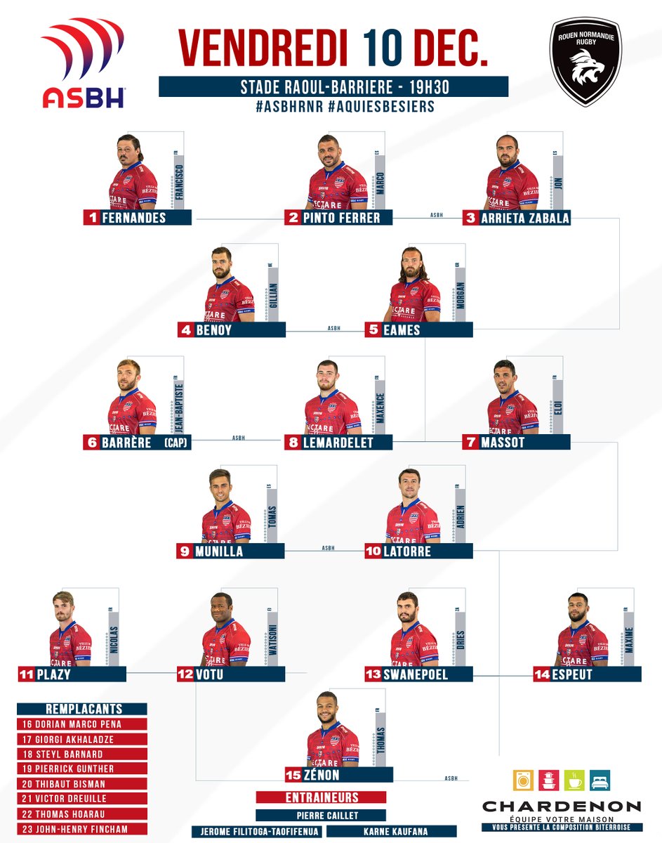 🔜 #ChardenonBéziers vous propose de faire connaissance avec le groupe 🔴🔵 qui accueille le <a href="/RouenNdieRugby/">Rouen Normandie Rugby</a> au 🏟 stade Raoul-Barrière, dans le cadre de la J14 de <a href="/rugbyprod2/">Rugby PRO D2</a> 🏉

1️⃣7️⃣ JIFF &amp; 6️⃣ joueurs du #CDF se trouvent sur la feuille de match.

#ASBHRNR #AquiEsBesiers
