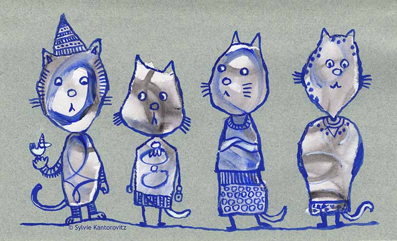SylvieKant's tweet image. Playing a game I used to love as a child.  I used torn newspaper then.  Here are 4 cats from torn extra prepared paper.  
#FromTheDrawingTable #JustForFun #DrawingGame #Sketchbook #Doodling #Collage #Watercolor #Cats #Whimsical #FacialExpressions
#illustration #kidlitillustration