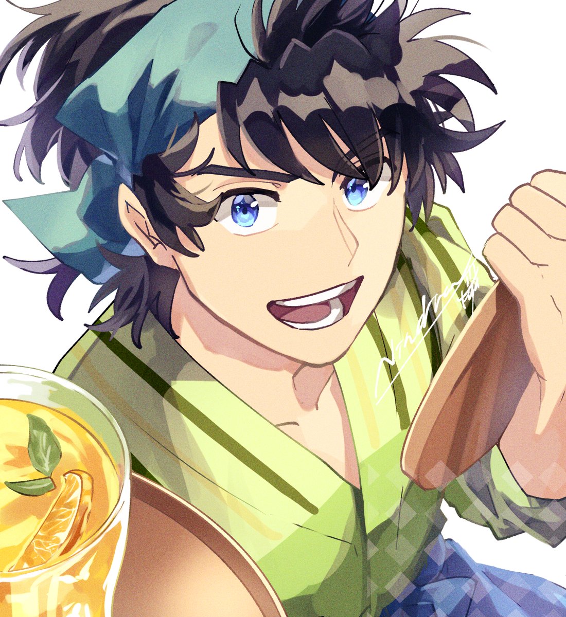 1boy male focus blue eyes solo black hair food tray  illustration images
