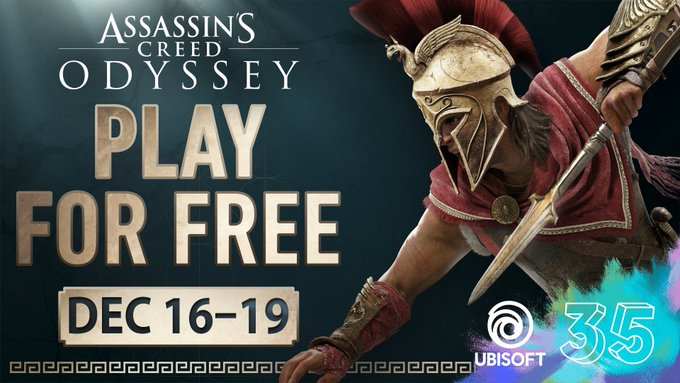 An image promoting the Assassin's Creed Odyssey free
weekend held from December 16 to December 19. On the right stands Alexios,
preparing to lunge at an unseen target with the Spear of Leonidas. 
On
the left is written: 
'Assassin's Creed Odyssey
Play for
free
Dec 16-19'