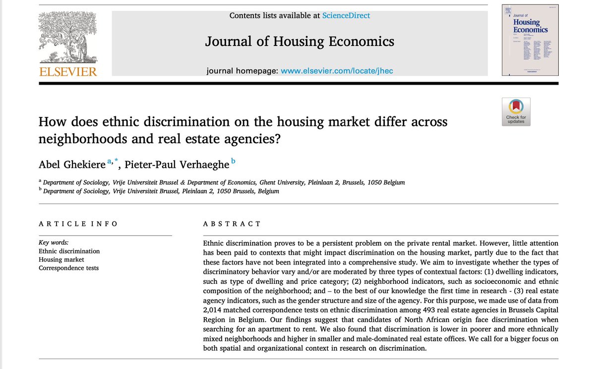 New research on the context of ethnic discrimination on the housing market. @PieterPaulVer & I explore the effects of neighbourhood and real estate office characteristics on exclusion and segregation. Published in JournalofHousingEconomics.@ID,@BIRMM_VUB, rb.gy/8di9ki