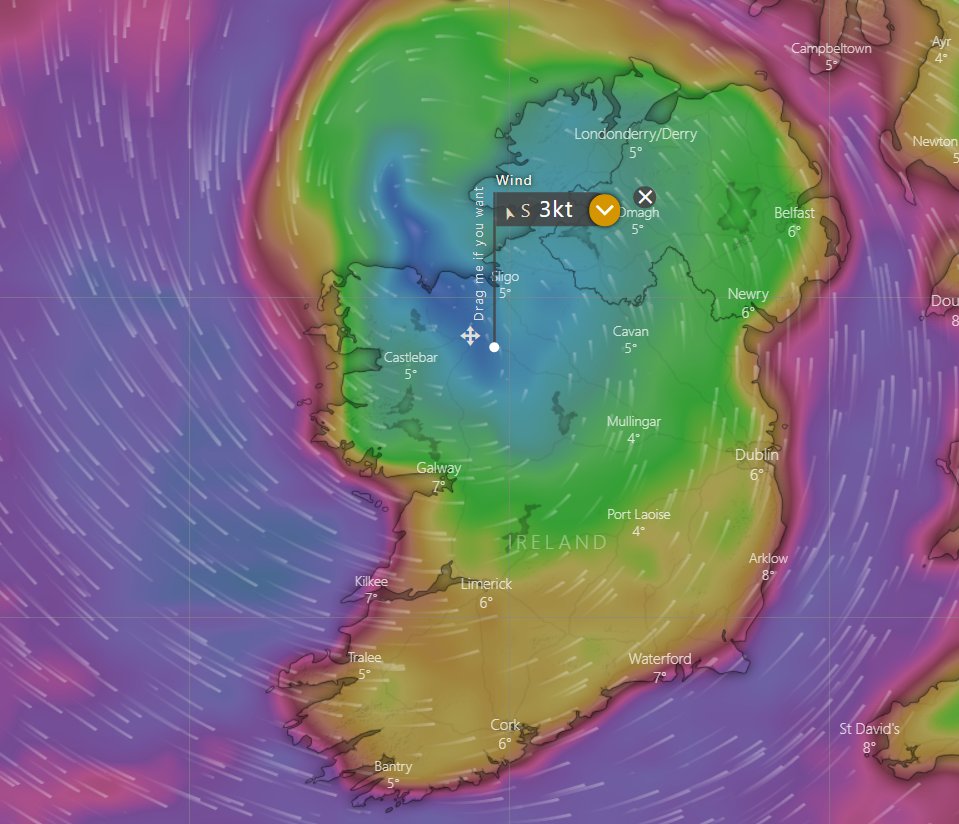 Here's the current wind situation, according to windy.com. #Ballaghaderreen currently near the eye. Stronger winds incoming, especially along the coast. Stay safe! #StormBarra