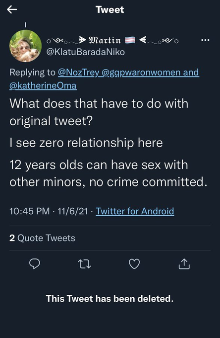 BlockedByMartin's tweet photo. Flashback time:

Remember that time when @KlatuBaradaNiko was all for 12 yr olds having SEX??

I remember. https://t.co/YQhE2AeA7m