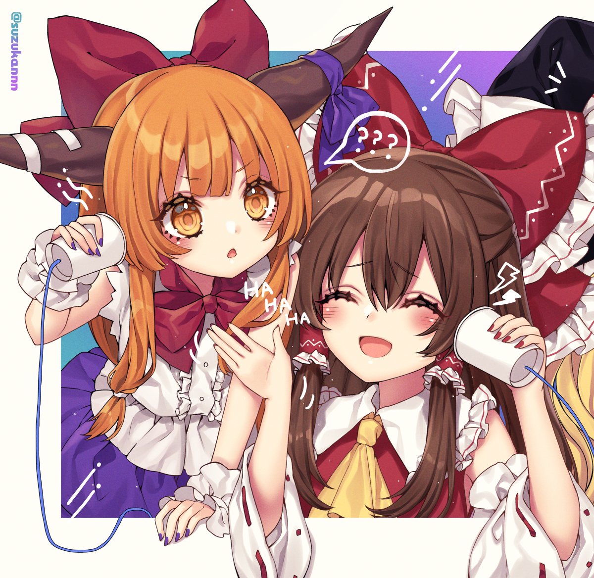 hakurei reimu ,ibuki suika ,kirisame marisa multiple girls red bow bow horns closed eyes open mouth ascot  illustration images